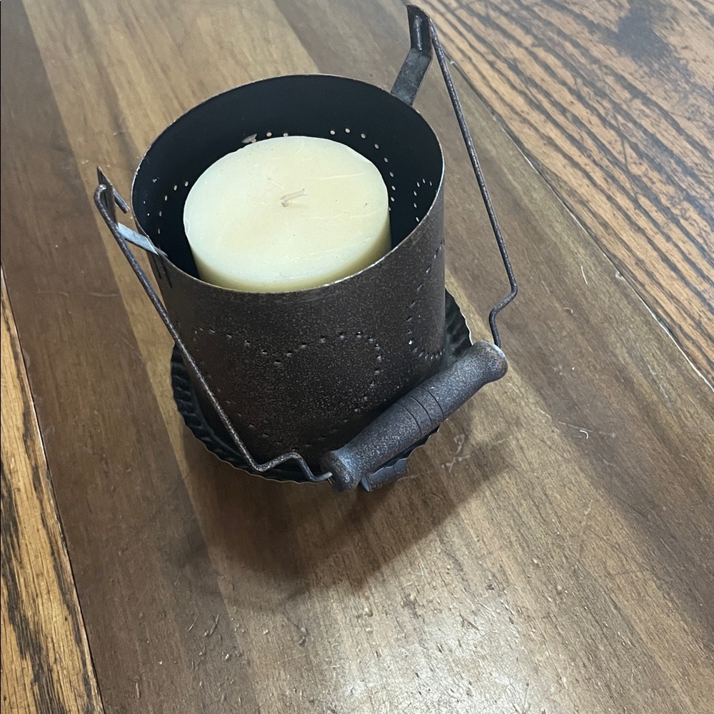 Tin primitive Rustic Metal Candle Holder with Cream Candle